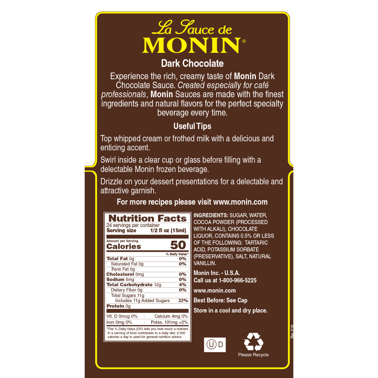 Monin Dark Chocolate Squeeze Bottle Sauce 355ml