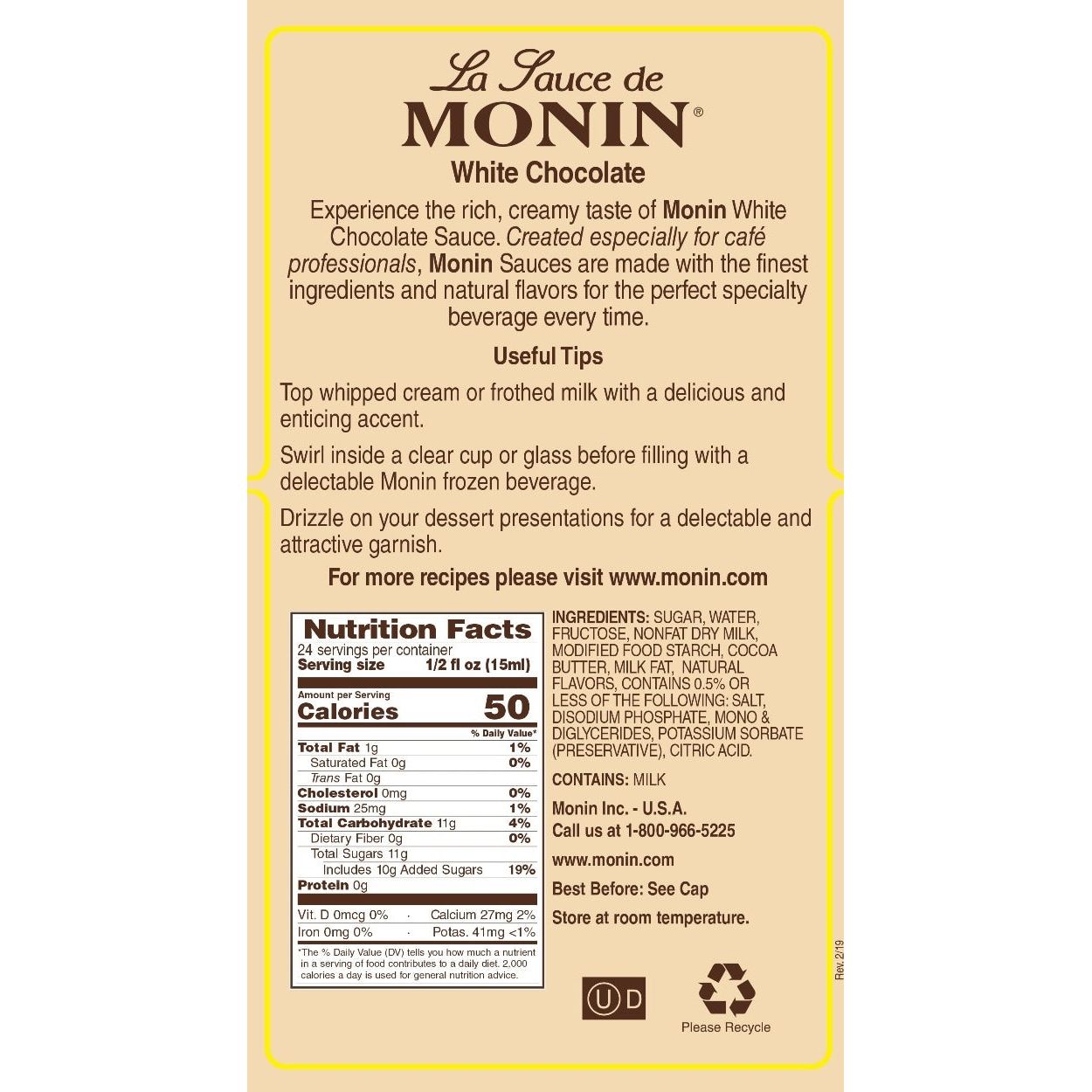 Monin White Chocolate Syrup Bottle - 750ml