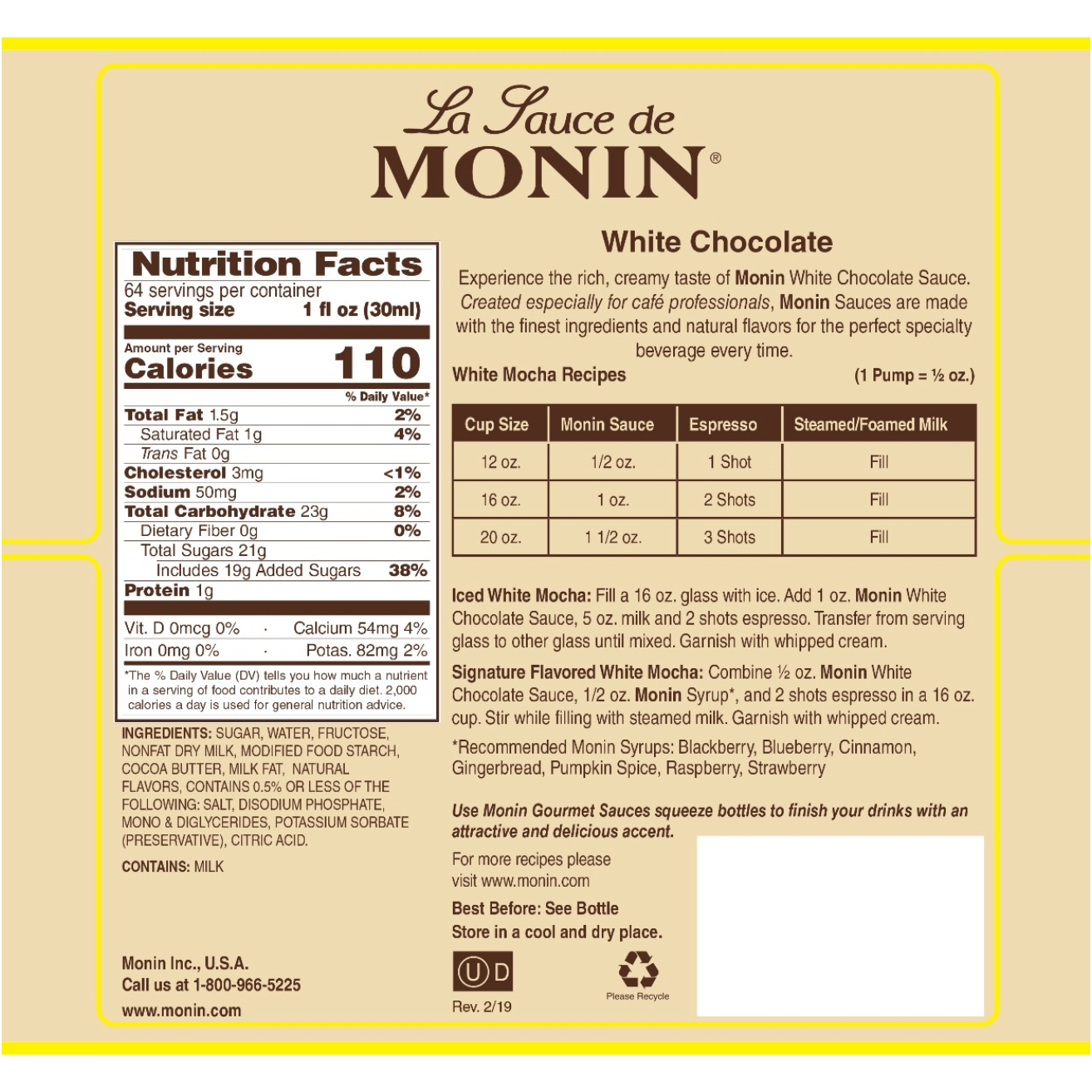 Monin White Chocolate Sauce 1.89L